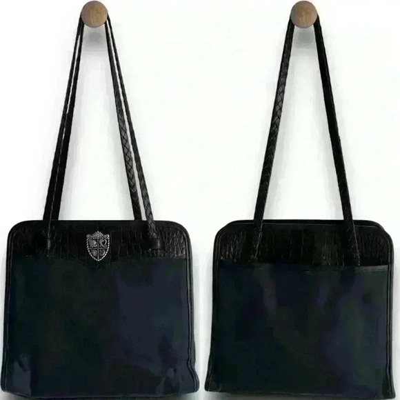 Vtg 90s Brighton Medium Shoulder Bag Nylon Leather Double Handle Woven Embossed‎ - Picture 1 of 12